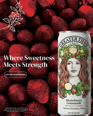 GREATER THAN pour close-up showing liquid texture and color, demonstrating low-sugar juicy strawberry lemonade taste