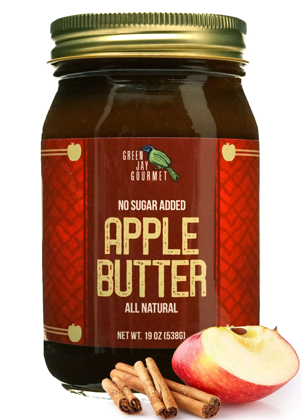 Green Jay Gourmet front label shows 19 oz jar and clear product identity benefit clarity