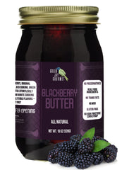 Green Jay Gourmet jar front label showing blackberry butter and premium quality