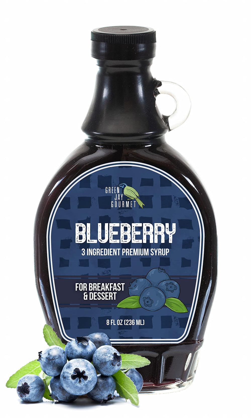 Green Jay Gourmet front jar view showing natural blueberry syrup benefit