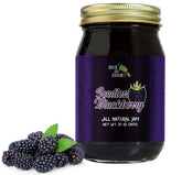 Green Jay Gourmet front label on 20 oz seedless blackberry jam showcasing premium packaging and quality