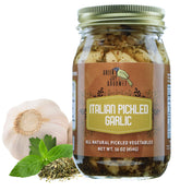 Green Jay Gourmet front jar view showing label and whole pickled garlic cloves for convenience