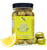 Green Jay Gourmet jar front label showing lemon stuffed olives and product name benefit: premium garnish