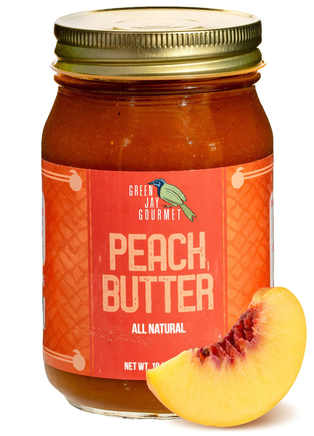 Green Jay Gourmet jar front view showing label and jar benefit of rich peach flavor