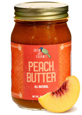 Green Jay Gourmet jar front view showing label and jar benefit of rich peach flavor