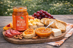 Close-up texture of Green Jay Gourmet peach butter showing velvety consistency benefit