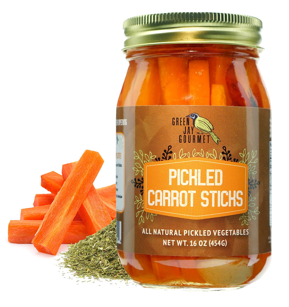 Green Jay Gourmet front jar view showing pickled carrot sticks and label, highlights ready-to-eat convenience