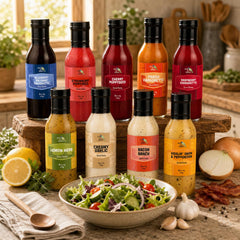Green Jay Gourmet 12 fl oz bottle next to a bowl showing size and pantry fit