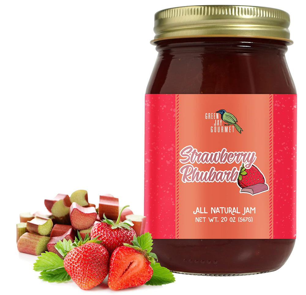 Green Jay Gourmet front label showing jar and bright fruit colors, highlights natural ingredients