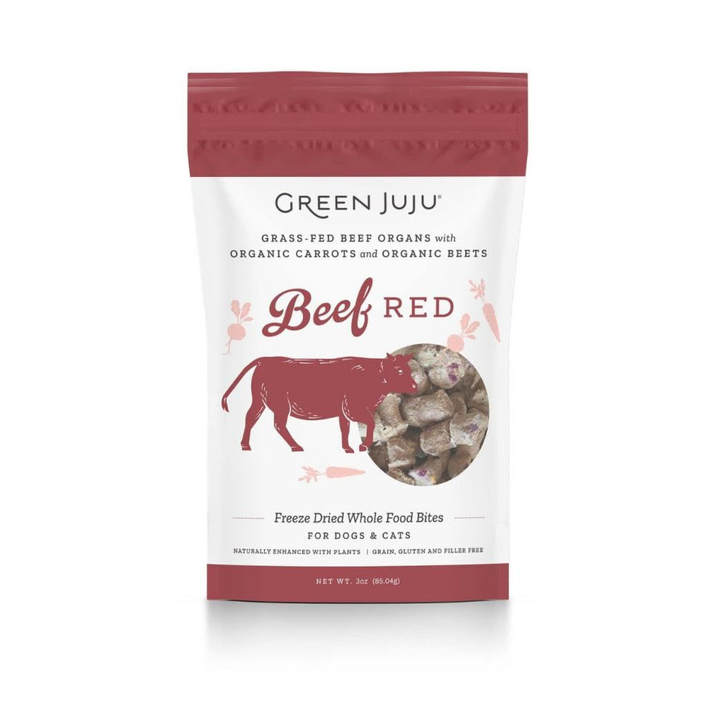 Green Juju front packaging showing 3 oz pouch and ingredient callouts, convenient storage benefit