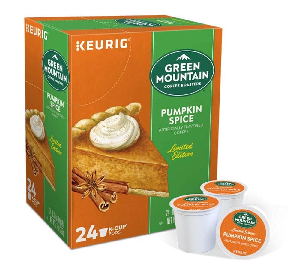 Green Mountain Coffee Roasters front packaging showing sealed 24-count Pumpkin Spice pods and convenience