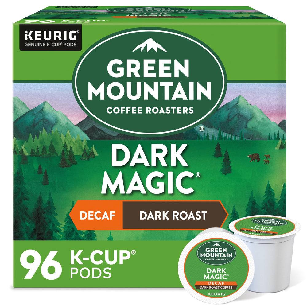 Green Mountain Coffee Roasters front packaging showing bold decaf branding and count