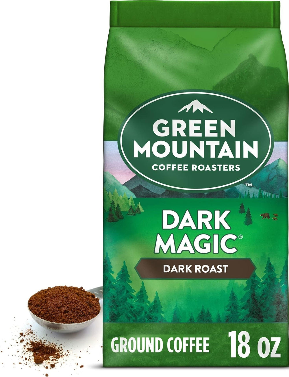 Green Mountain Coffee Roasters front bag view showing bold roast and 18 oz size benefit