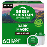 Green Mountain Coffee Roasters front box showing Dark Magic 60ct and bold branding benefit