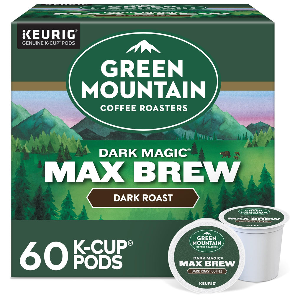 Green Mountain Coffee Roasters front box showing Dark Magic Max Brew and bold roast benefit