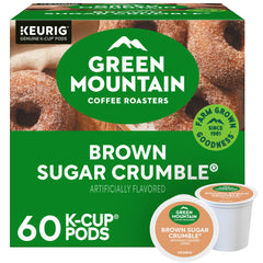 Green Mountain Coffee Roasters front packaging showing brown sugar crumble pods and convenience
