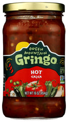 Green Mountain Gringo jar front label showing hot salsa, convenient spicy flavor