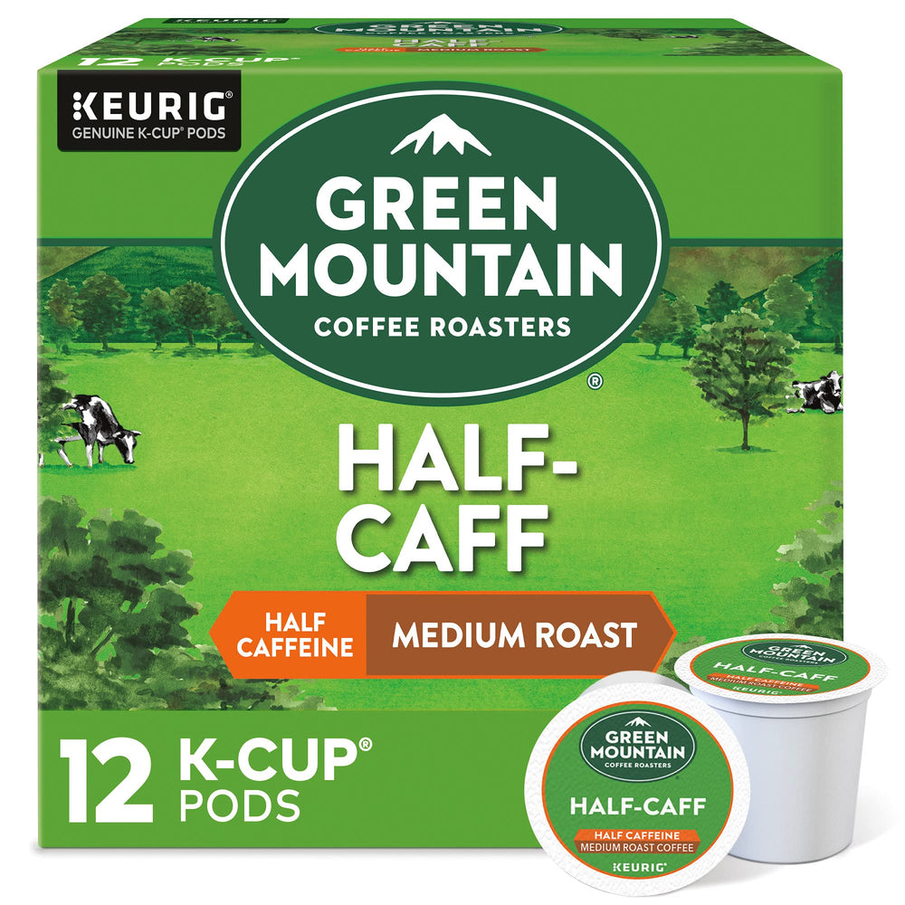 Green Mountain Coffee Roasters front box showing Half Caff packaging and convenience