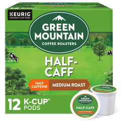 Green Mountain Coffee Roasters front box showing Half Caff packaging and convenience