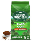 Green Mountain Coffee Roasters front packaging shows brand and mellow half-caff benefit