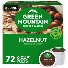 Green Mountain Coffee Roasters box front showing hazelnut flavor and 72-count convenience