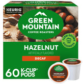 Green Mountain Coffee Roasters front packaging showing hazelnut decaf benefits