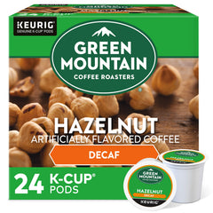 Green Mountain hazelnut decaf K-Cup front pack showing convenient single-serve flavor