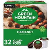Green Mountain Coffee Roasters front packaging showing 32-count hazelnut pods and convenience