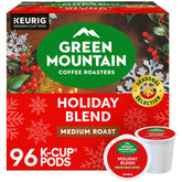 Green Mountain Coffee Roasters front packaging showing holiday blend and 96 count benefit of long supply