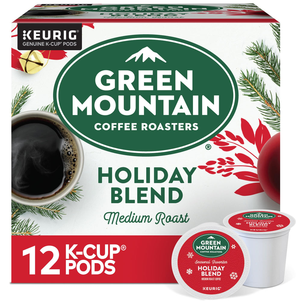 green mountain coffee roasters front packaging showing holiday blend and benefits