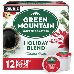 green mountain coffee roasters front packaging showing holiday blend and benefits