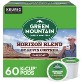 Green Mountain Coffee Roasters front box showing Horizon Blend branding and Kevin Costner name, highlights bold roast