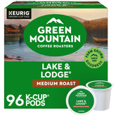 Green Mountain Coffee Roasters front box showing Lake & Lodge 96 count for pantry convenience