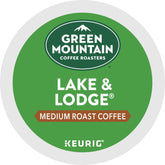 Green Mountain Coffee Roasters front box showing Lake & Lodge branding and 24-count benefit