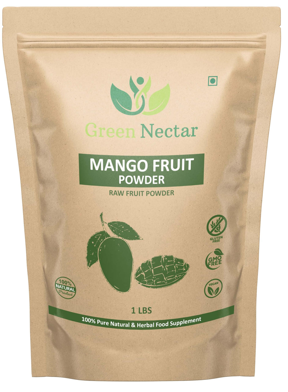 GREEN NECTAR front packaging showing 1 lb mango powder and clean ingredients benefit
