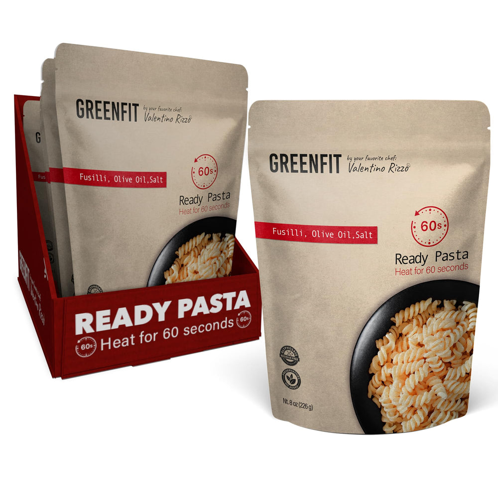 Greenfit front packaging showing fusilli tray and ready-to-eat convenience