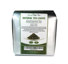 Pouch label detail of Greenhilltea highlighting ingredients and decaf benefit