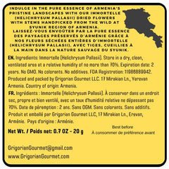 GRIGORIAN GOURMET close-up of immortelle petals, reveals papery texture and vivid color