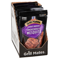 Grill Mates front packaging showing mesquite pouch, fast flavorful marinade