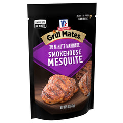 Grill Mates pouch pouring marinade onto meat, easy three-step convenience