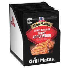 Grill Mates front packaging showing 12 smoky applewood packets for easy marinades