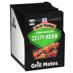 Grill Mates front packaging showing zesty herb marinade mix for easy grilling
