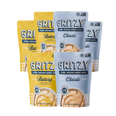 Gritzy front packaging showing six-pouch variety and brand benefits