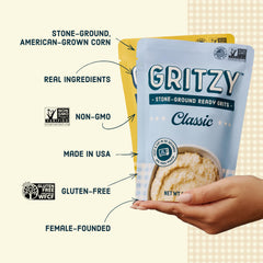 Gritzy open pouch poured into steaming bowl for quick serving benefit