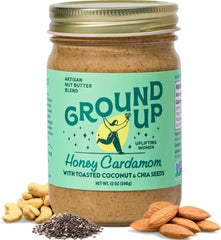 Ground Up jar front label showing honey cardamom flavor and benefits