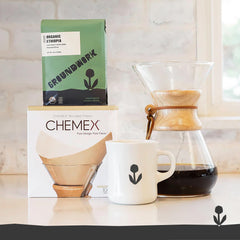 Groundwork 12oz bag beside a kitchen scale showing single 12oz size and portioning