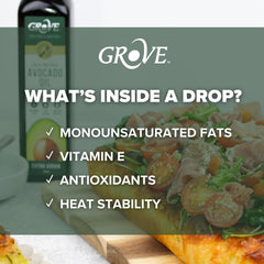 Grove avocado oil pouring into a hot pan for high-heat searing and browning