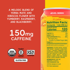 Guayaki Revel Berry can close-up showing berry blend and vibrant color