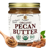 Guidry Organic Farms front label showing organic pecan butter and benefits