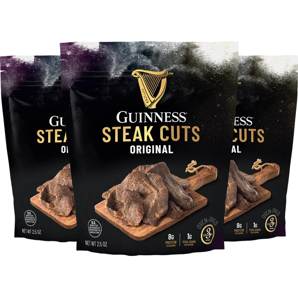 GUINNESS THE 1759 front packaging showing original steak jerky in 3-pack, portable snack benefit